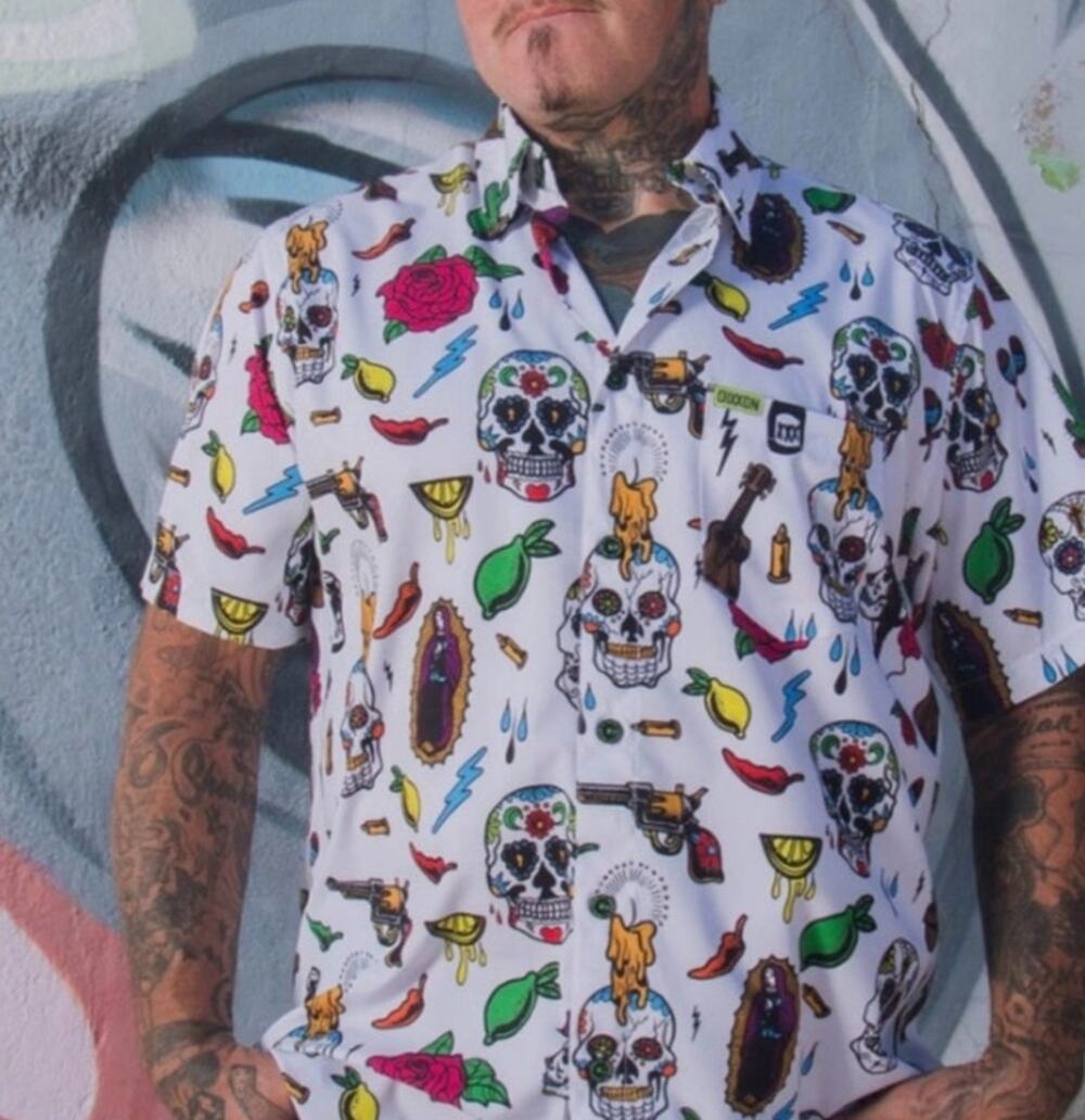 Dixxon La Ofrenda Short Sleeve Button Up Party Shirt White Sugar Skull Tattoo XL